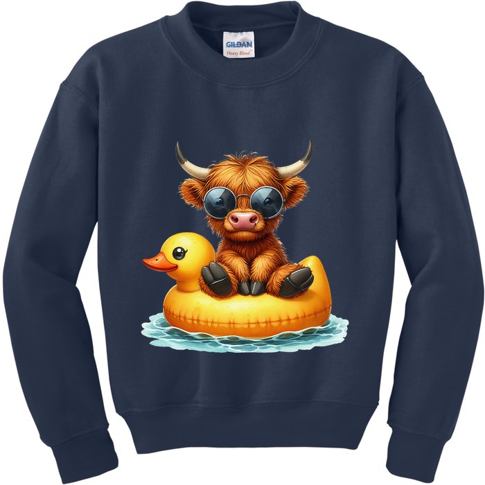 Cute Highland Cow Duck Pool Float Summer Vibes Swimming Kids Sweatshirt
