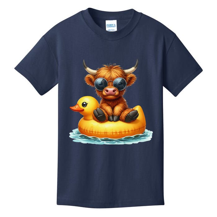 Cute Highland Cow Duck Pool Float Summer Vibes Swimming Kids T-Shirt