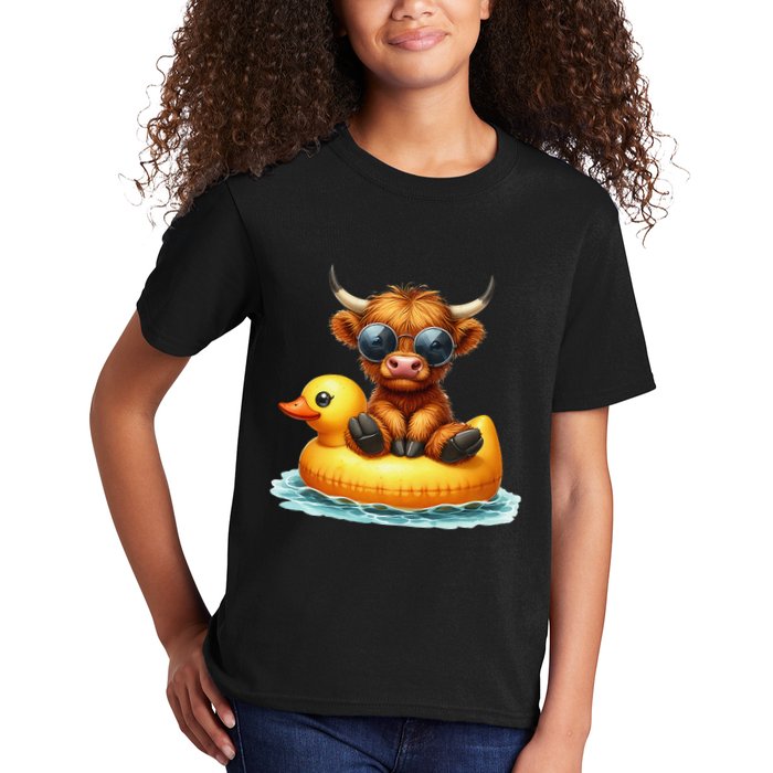 Cute Highland Cow Duck Pool Float Summer Vibes Swimming Kids T-Shirt