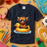 Cute Highland Cow Duck Pool Float Summer Vibes Swimming Kids T-Shirt