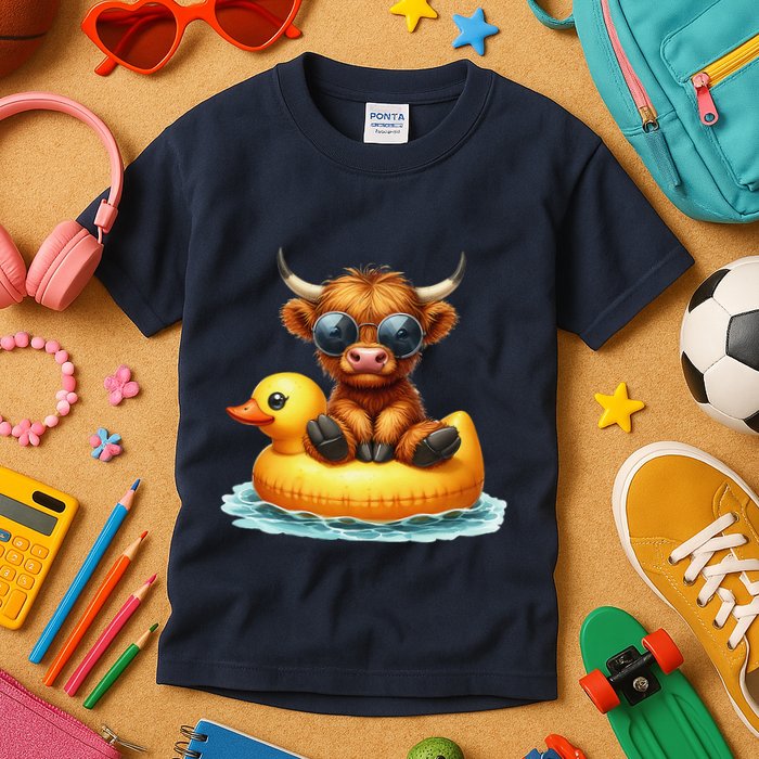 Cute Highland Cow Duck Pool Float Summer Vibes Swimming Kids T-Shirt