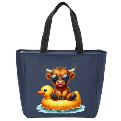 Cute Highland Cow Duck Pool Float Summer Vibes Swimming Zip Tote Bag