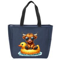 Cute Highland Cow Duck Pool Float Summer Vibes Swimming Zip Tote Bag