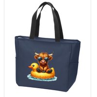 Cute Highland Cow Duck Pool Float Summer Vibes Swimming Zip Tote Bag