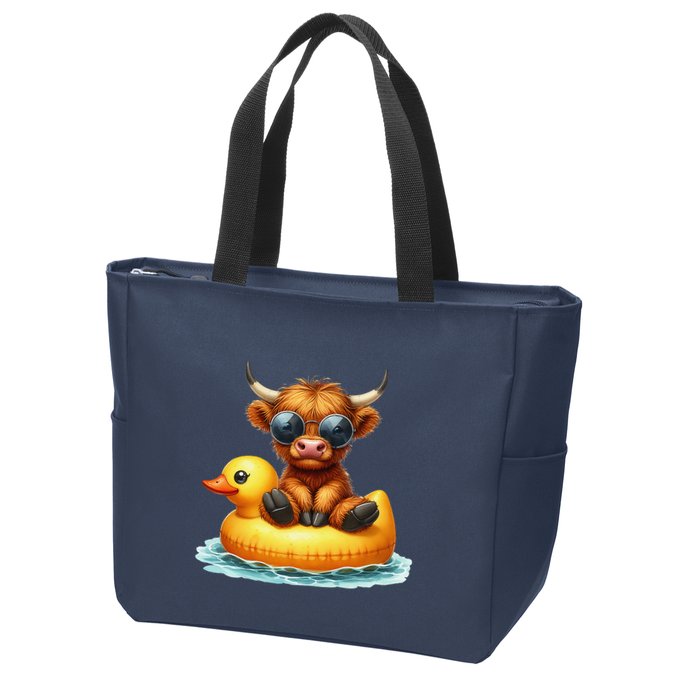 Cute Highland Cow Duck Pool Float Summer Vibes Swimming Zip Tote Bag