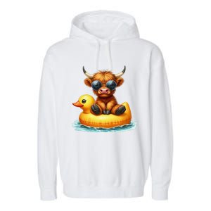 Cute Highland Cow Duck Pool Float Summer Vibes Swimming Garment-Dyed Fleece Hoodie