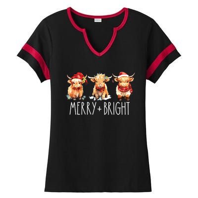 Cute Highland Cow Christmas Merry Bright Cow Xmas Farmer Ladies Halftime Notch Neck Tee