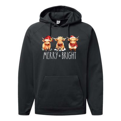 Cute Highland Cow Christmas Merry Bright Cow Xmas Farmer Performance Fleece Hoodie