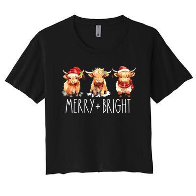 Cute Highland Cow Christmas Merry Bright Cow Xmas Farmer Women's Crop Top Tee