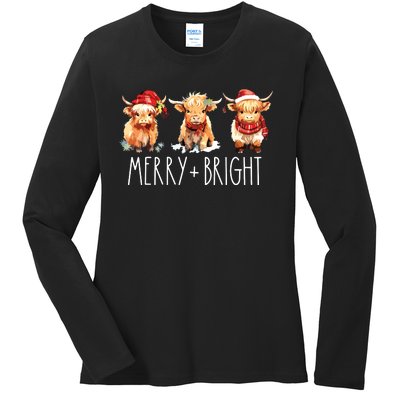 Cute Highland Cow Christmas Merry Bright Cow Xmas Farmer Ladies Long Sleeve Shirt