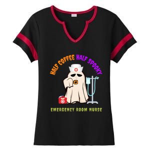 Cute Half Coffee Half Spooky Halloween Emergency Room Nurse Gift Ladies Halftime Notch Neck Tee