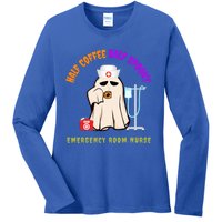 Cute Half Coffee Half Spooky Halloween Emergency Room Nurse Gift Ladies Long Sleeve Shirt