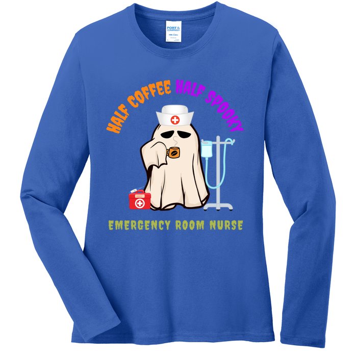 Cute Half Coffee Half Spooky Halloween Emergency Room Nurse Gift Ladies Long Sleeve Shirt