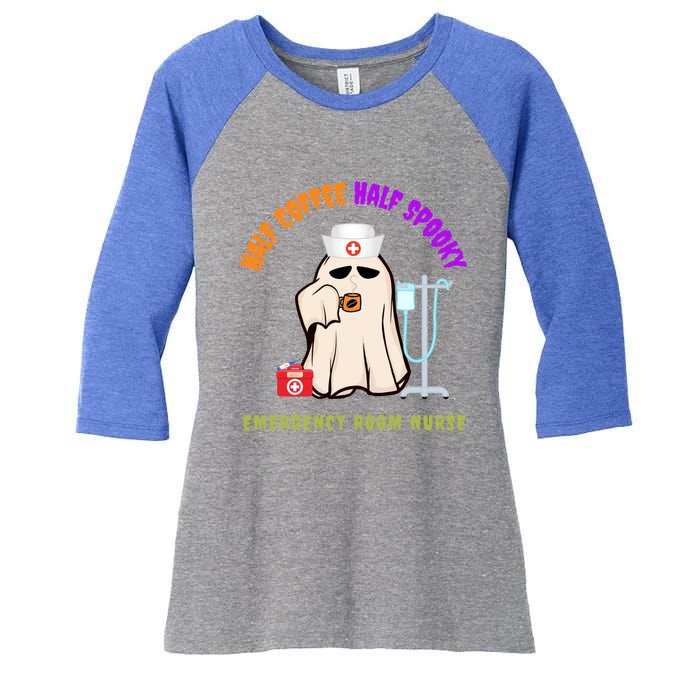 Cute Half Coffee Half Spooky Halloween Emergency Room Nurse Gift Women's Tri-Blend 3/4-Sleeve Raglan Shirt