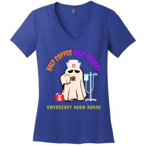 Cute Half Coffee Half Spooky Halloween Emergency Room Nurse Gift Women's V-Neck T-Shirt