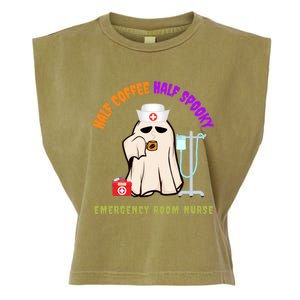 Cute Half Coffee Half Spooky Halloween Emergency Room Nurse Gift Garment-Dyed Women's Muscle Tee