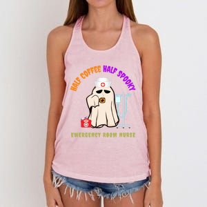 Cute Half Coffee Half Spooky Halloween Emergency Room Nurse Gift Women's Knotted Racerback Tank