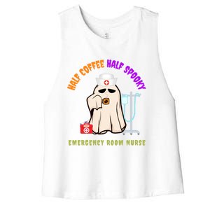 Cute Half Coffee Half Spooky Halloween Emergency Room Nurse Gift Women's Racerback Cropped Tank