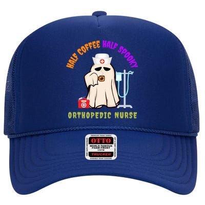 Cute Half Coffee Half Spooky Halloween Orthopedic Nurse Fun Cute Gift High Crown Mesh Back Trucker Hat