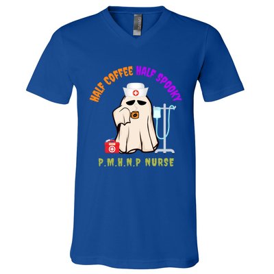 Cute Half Coffee Half Spooky Halloween Pmhnp Nurse Funny Cute Gift V-Neck T-Shirt