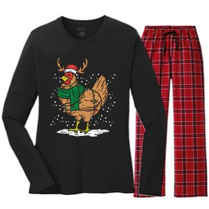 Christmas Hen Chicken Santa Hat Farmer Xmas Farm Women's Long Sleeve Flannel Pajama Set 