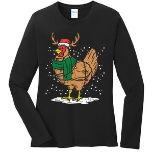 Christmas Hen Chicken Santa Hat Farmer Xmas Farm Ladies Long Sleeve Shirt