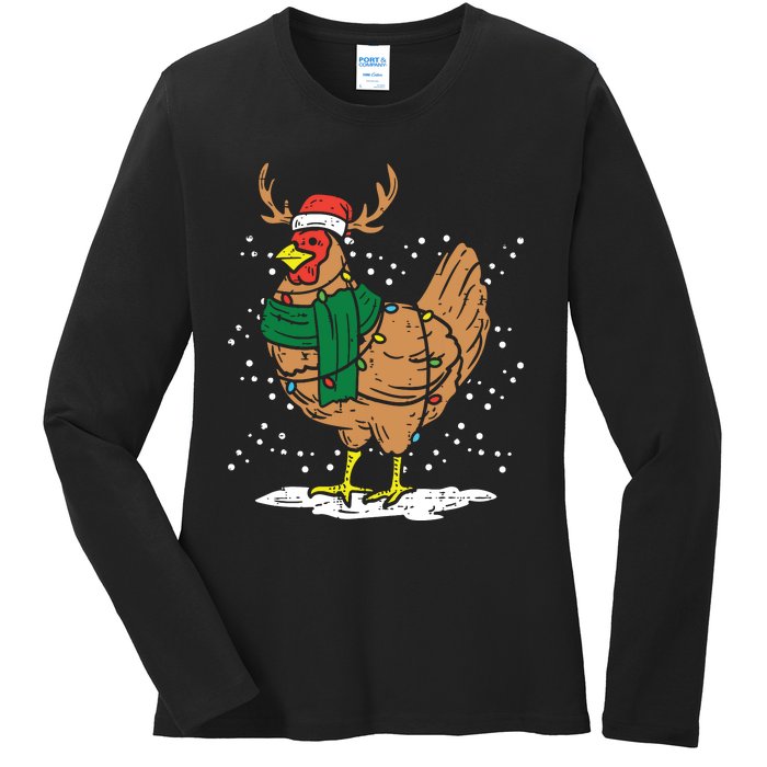 Christmas Hen Chicken Santa Hat Farmer Xmas Farm Ladies Long Sleeve Shirt