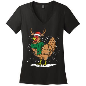 Christmas Hen Chicken Santa Hat Farmer Xmas Farm Women's V-Neck T-Shirt