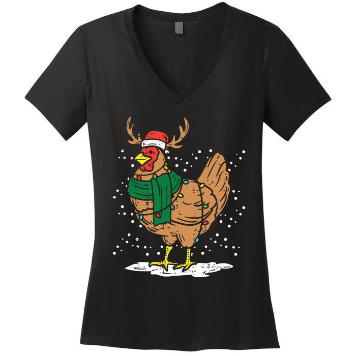 Christmas Hen Chicken Santa Hat Farmer Xmas Farm Women's V-Neck T-Shirt