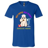 Cute Half Coffee Half Spooky Halloween Surgical Nurse Funny Funny Gift V-Neck T-Shirt