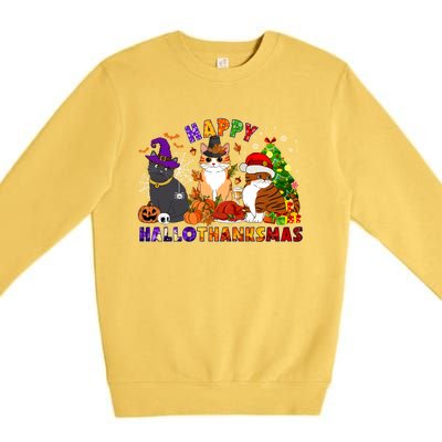 Cat Halloween Christmas Happy Hallothanksmas Thanksgiving Gift Premium Crewneck Sweatshirt