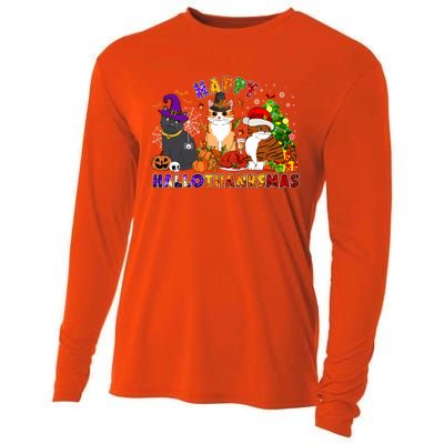 Cat Halloween Christmas Happy Hallothanksmas Thanksgiving Gift Cooling Performance Long Sleeve Crew