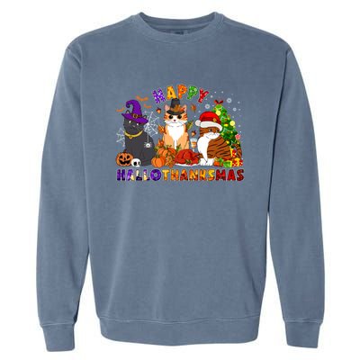 Cat Halloween Christmas Happy Hallothanksmas Thanksgiving Gift Garment-Dyed Sweatshirt