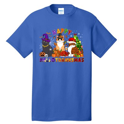 Cat Halloween Christmas Happy Hallothanksmas Thanksgiving Gift Tall T-Shirt