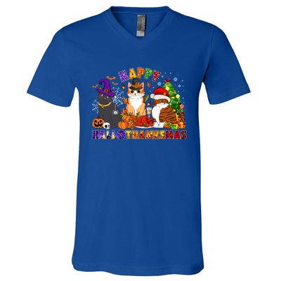 Cat Halloween Christmas Happy Hallothanksmas Thanksgiving Gift V-Neck T-Shirt