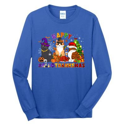 Cat Halloween Christmas Happy Hallothanksmas Thanksgiving Gift Tall Long Sleeve T-Shirt