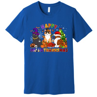 Cat Halloween Christmas Happy Hallothanksmas Thanksgiving Gift Premium T-Shirt