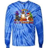 Cat Halloween Christmas Happy Hallothanksmas Thanksgiving Gift Tie-Dye Long Sleeve Shirt