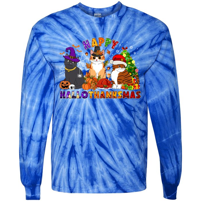 Cat Halloween Christmas Happy Hallothanksmas Thanksgiving Gift Tie-Dye Long Sleeve Shirt