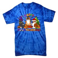 Cat Halloween Christmas Happy Hallothanksmas Thanksgiving Gift Tie-Dye T-Shirt