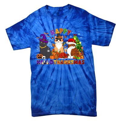 Cat Halloween Christmas Happy Hallothanksmas Thanksgiving Gift Tie-Dye T-Shirt