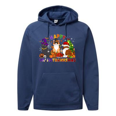 Cat Halloween Christmas Happy Hallothanksmas Thanksgiving Gift Performance Fleece Hoodie