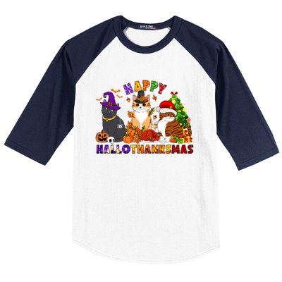 Cat Halloween Christmas Happy Hallothanksmas Thanksgiving Gift Baseball Sleeve Shirt