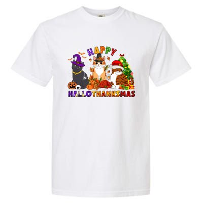 Cat Halloween Christmas Happy Hallothanksmas Thanksgiving Gift Garment-Dyed Heavyweight T-Shirt