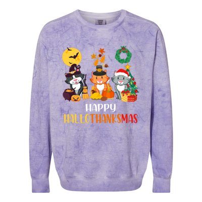 Cat Halloween Christmas Happy Hallothanksmas Thanksgiving Colorblast Crewneck Sweatshirt