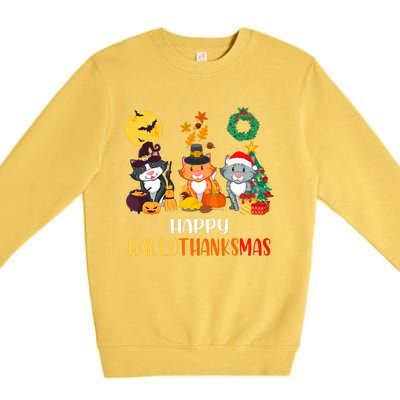 Cat Halloween Christmas Happy Hallothanksmas Thanksgiving Premium Crewneck Sweatshirt