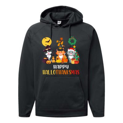 Cat Halloween Christmas Happy Hallothanksmas Thanksgiving Performance Fleece Hoodie