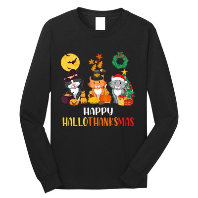 Cat Halloween Christmas Happy Hallothanksmas Thanksgiving Long Sleeve Shirt