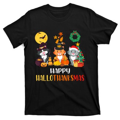 Cat Halloween Christmas Happy Hallothanksmas Thanksgiving T-Shirt