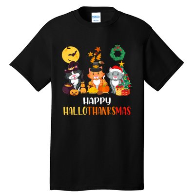 Cat Halloween Christmas Happy Hallothanksmas Thanksgiving Tall T-Shirt